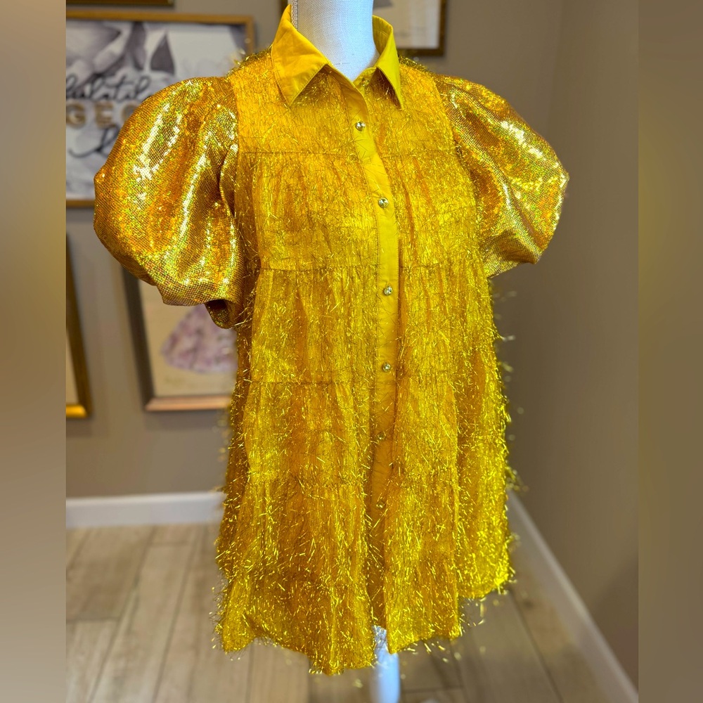 New! Rare! QUEEN OF SPARKLES Gold Sequin and Tinsel Mini Dress